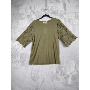 Grace + Emma Womens Olive Green Waffle Knit Crochet Lace Sleeve Top Medium NEW